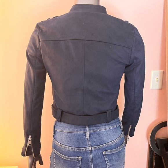 NWT Banana Republic Navy Blue Faux Suede Cropped Biker Jacket - Picture 2 of 10